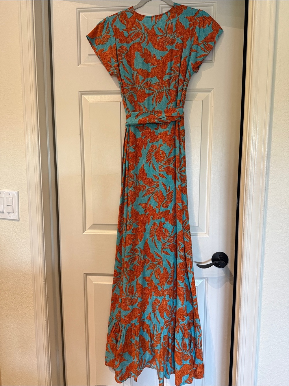 Boho Wrap Maxi Dress in Turquoise & Orange - Lightweight Tie-Waist - Picture 7 of 7